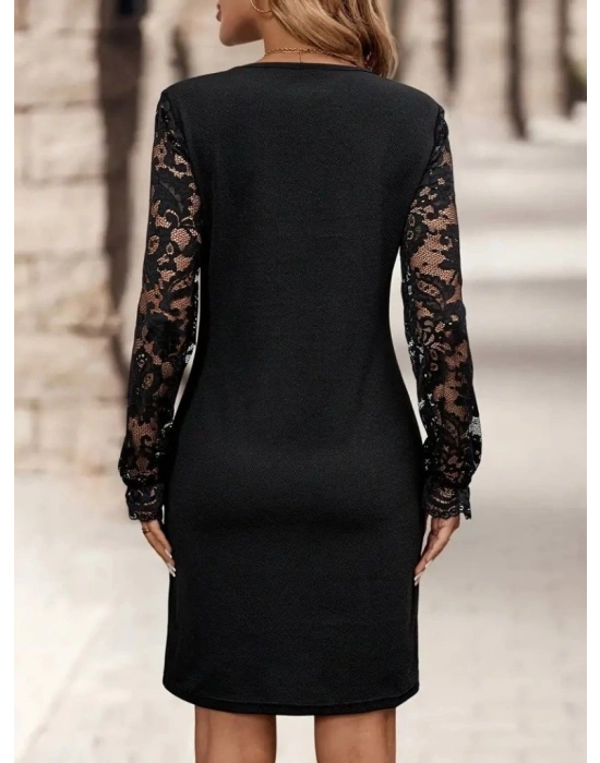 Kadın Uzun Kollu V Lazer Kesim Detaylı Kısa Ithal Krep Elbise