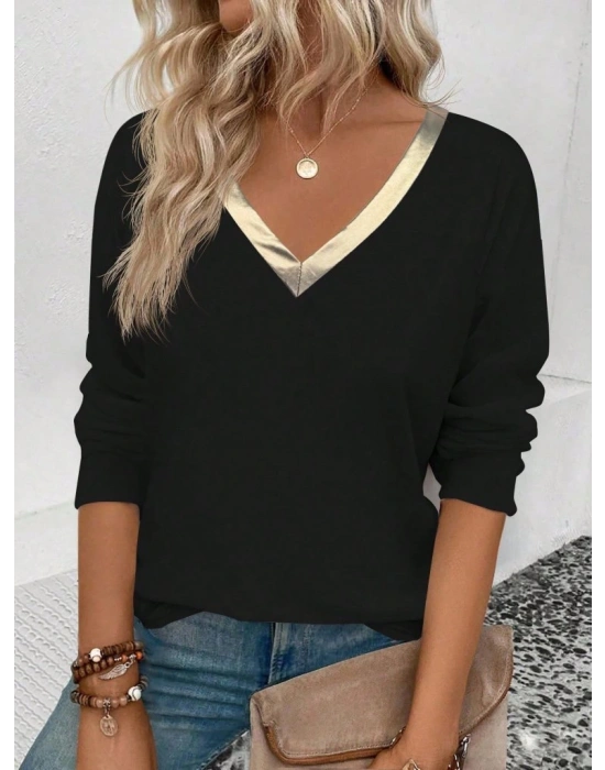 Kadın Uzun Kollu V Parlak Yaka Detaylı Viskon Bluz