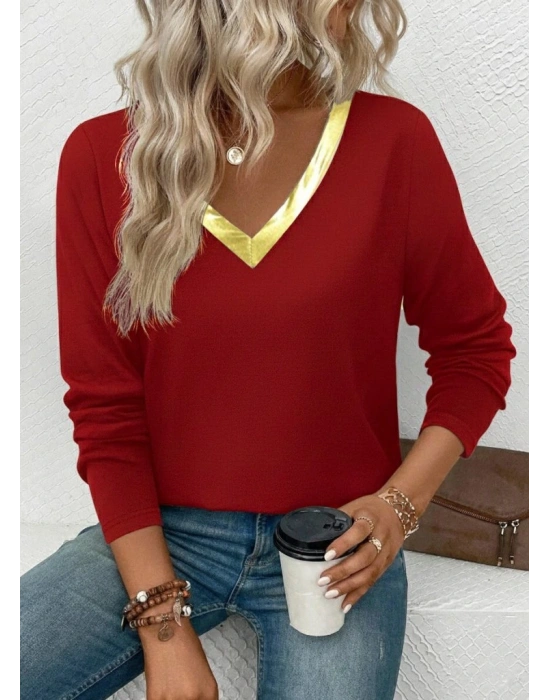 Kadın Uzun Kollu V Parlak Yaka Detaylı Viskon Bluz