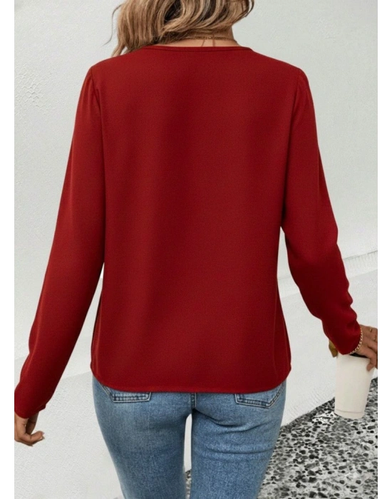 Kadın Uzun Kollu V Parlak Yaka Detaylı Viskon Bluz