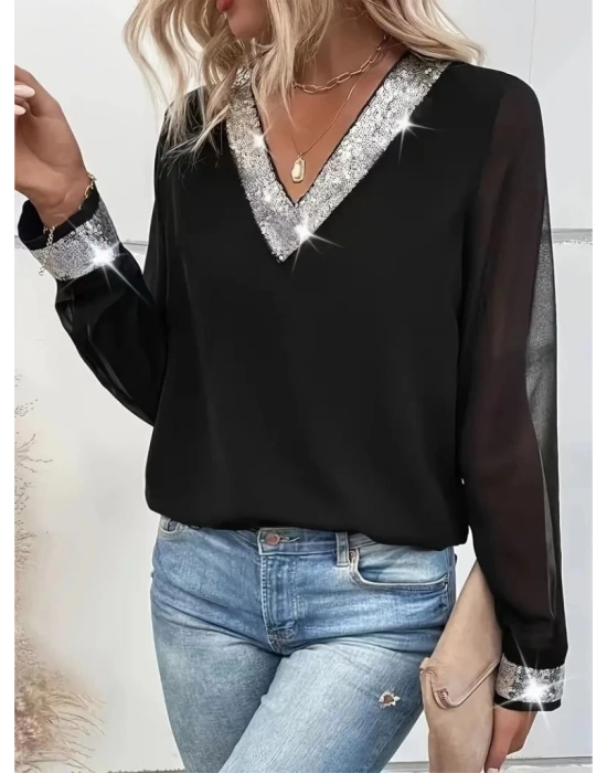 Kadın Uzun Kollu V Pulpayet Yakalı Ithal Krep Bluz