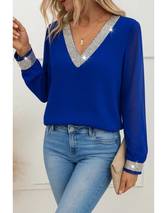 Kadın Uzun Kollu V Pulpayet Yakalı Ithal Krep Bluz