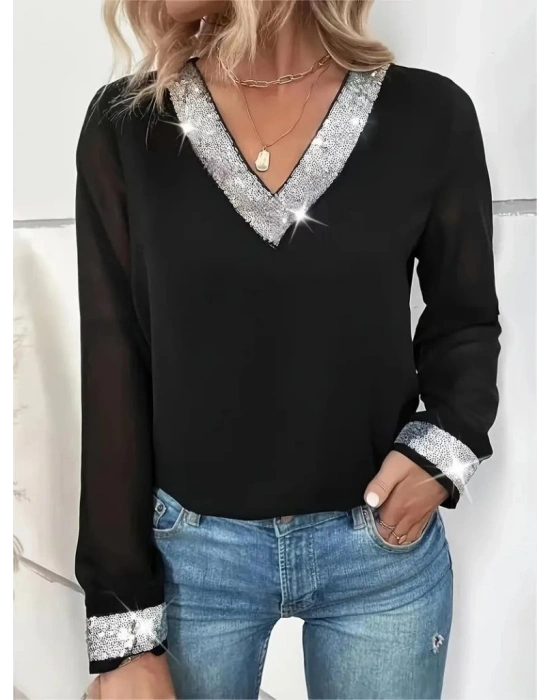 Kadın Uzun Kollu V Pulpayet Yakalı Ithal Krep Bluz