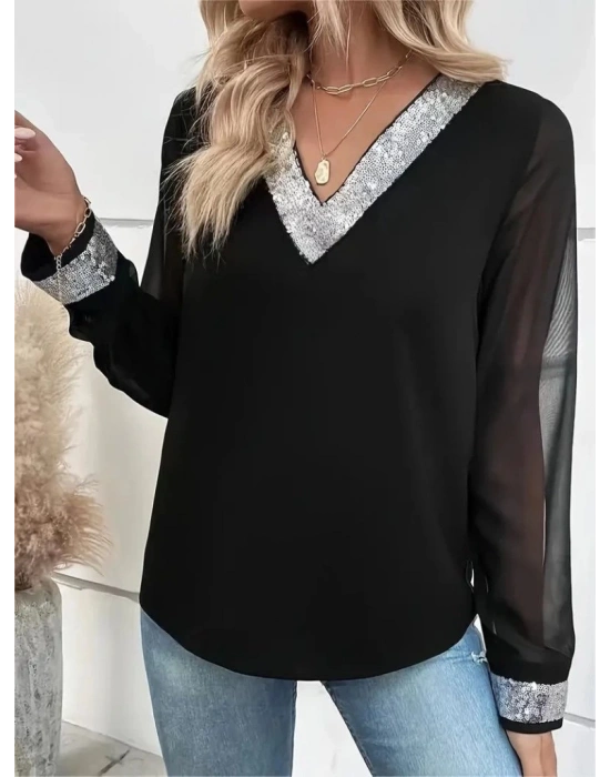 Kadın Uzun Kollu V Pulpayet Yakalı Ithal Krep Bluz