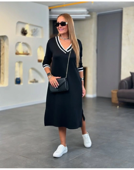 Kadın Uzun Kollu V Ribana Yakalı Yanlardan Yırtmaçlı Midi Viskon Iki Iplik Elbise