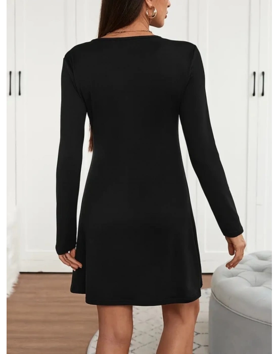 Kadın Uzun Kollu V şerit Yakalı Kısa Viskon Iki Iplik Elbise