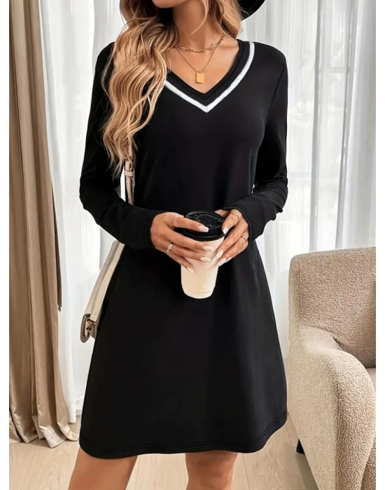 Kadın Uzun Kollu V şerit Yakalı Kısa Viskon Iki Iplik Elbise
