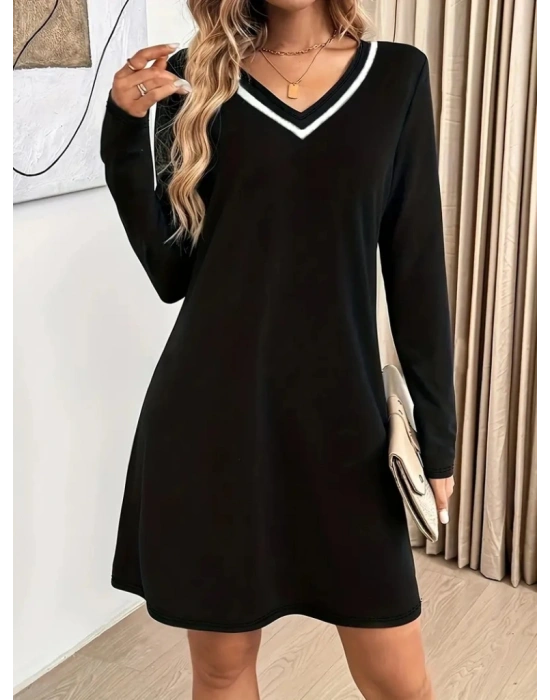 Kadın Uzun Kollu V şerit Yakalı Kısa Viskon Iki Iplik Elbise