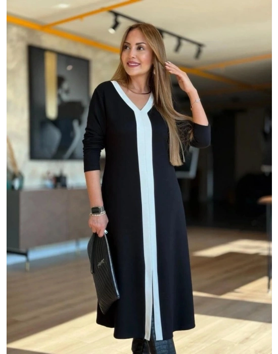 Kadın Uzun Kollu V şerit Yakalı önden Kısa Yırtmaçlı Detaylı Midi Viskon Iki Iplik Elbise