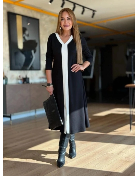 Kadın Uzun Kollu V şerit Yakalı önden Kısa Yırtmaçlı Detaylı Midi Viskon Iki Iplik Elbise