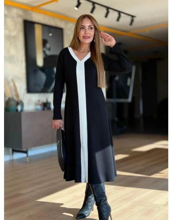 Kadın Uzun Kollu V şerit Yakalı önden Kısa Yırtmaçlı Detaylı Midi Viskon Iki Iplik Elbise