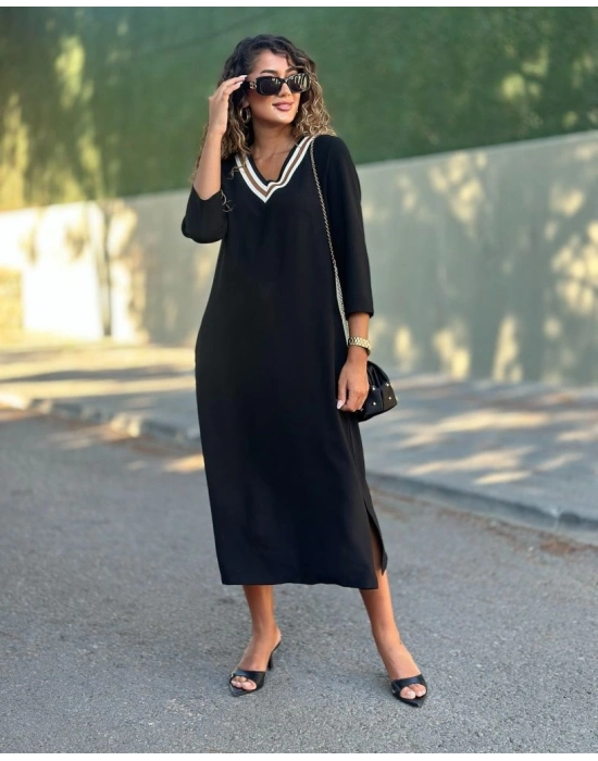 Kadın Uzun Kollu V şerit Yakalı Viskon Iki Iplik Elbise