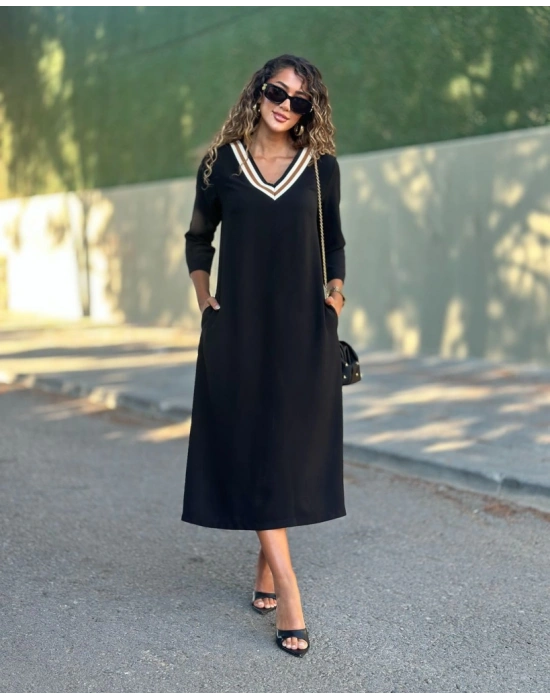 Kadın Uzun Kollu V şerit Yakalı Viskon Iki Iplik Elbise