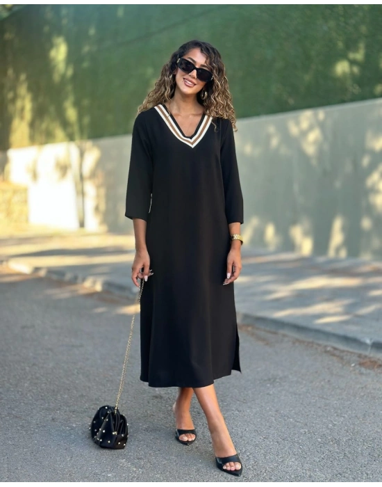 Kadın Uzun Kollu V şerit Yakalı Viskon Iki Iplik Elbise