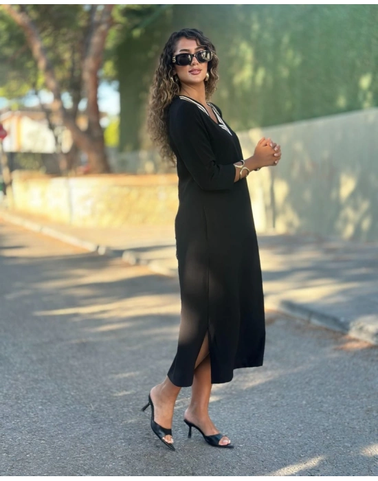 Kadın Uzun Kollu V şerit Yakalı Viskon Iki Iplik Elbise