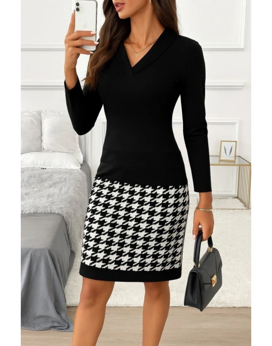 Kadın Uzun Kollu V Yaka Alt Tarafı Desenli Dalgıç Mini Boy Elbise