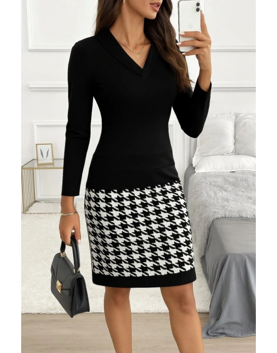 Kadın Uzun Kollu V Yaka Alt Tarafı Desenli Dalgıç Mini Boy Elbise