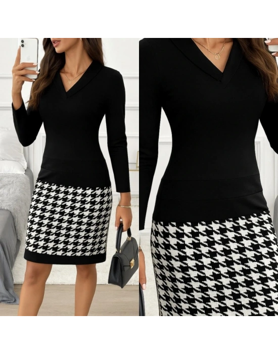 Kadın Uzun Kollu V Yaka Alt Tarafı Desenli Dalgıç Mini Boy Elbise