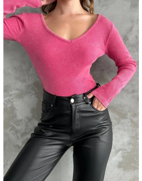 Kadın Uzun Kollu V Yaka Asit Yıkamalı Kaşkorse Bluz