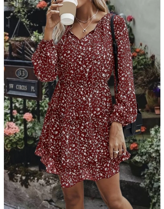 Kadın Uzun Kollu V Yaka Bağcıklı Belden Gipeli çiçek Baskılı Kısa Süprem Elbise