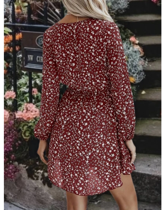 Kadın Uzun Kollu V Yaka Bağcıklı Belden Gipeli çiçek Baskılı Kısa Süprem Elbise