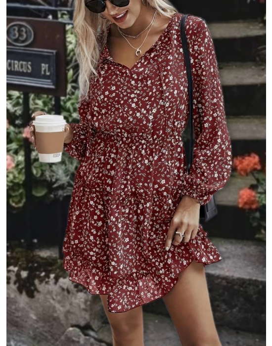 Kadın Uzun Kollu V Yaka Bağcıklı Belden Gipeli çiçek Baskılı Kısa Süprem Elbise