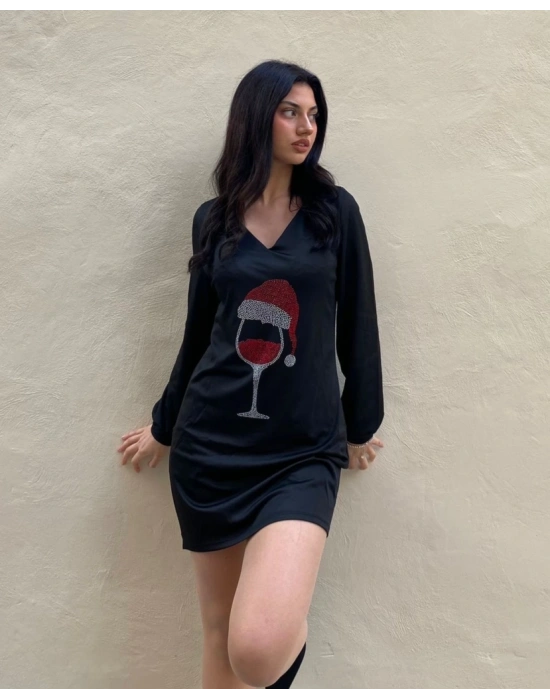 Kadın Uzun Kollu V Yaka Baskılı Dalgıç Kumaş Elbise