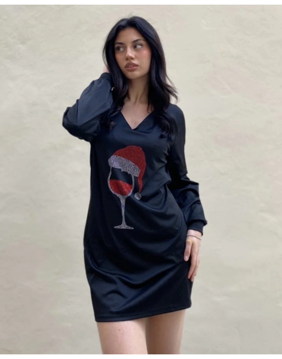 Kadın Uzun Kollu V Yaka Baskılı Dalgıç Kumaş Elbise