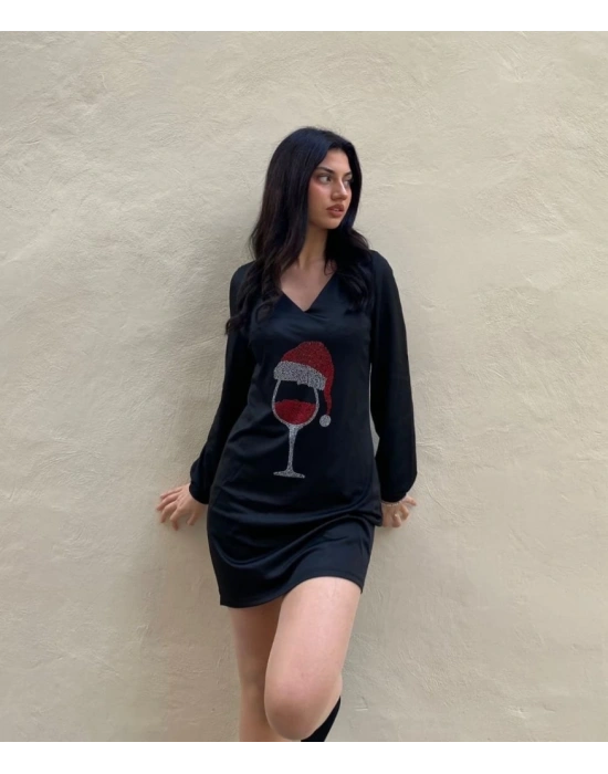 Kadın Uzun Kollu V Yaka Baskılı Dalgıç Kumaş Elbise