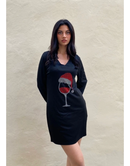 Kadın Uzun Kollu V Yaka Baskılı Dalgıç Kumaş Elbise