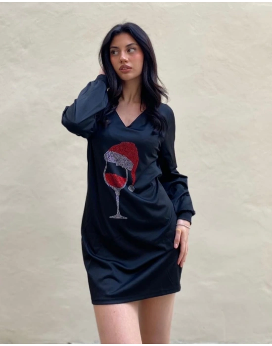 Kadın Uzun Kollu V Yaka Baskılı Dalgıç Kumaş Elbise