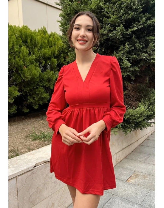 Kadın Uzun Kollu V Yaka Belden Hafif Pileli Scuba Krep Mini Boy Elbise