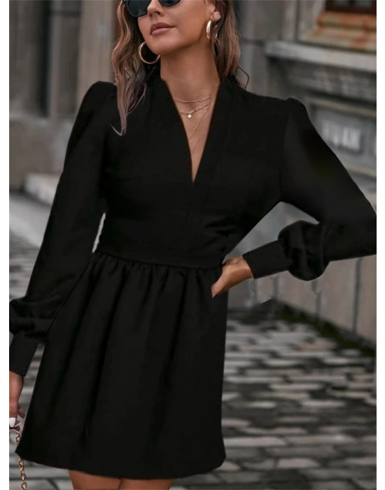 Kadın Uzun Kollu V Yaka Belden Hafif Pileli Scuba Krep Mini Boy Elbise