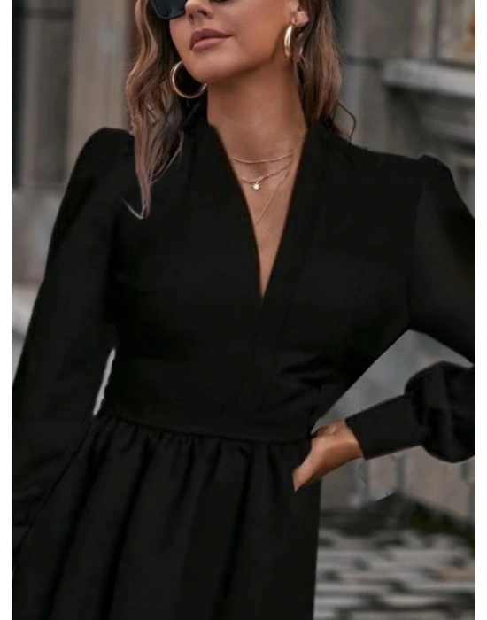 Kadın Uzun Kollu V Yaka Belden Hafif Pileli Scuba Krep Mini Boy Elbise