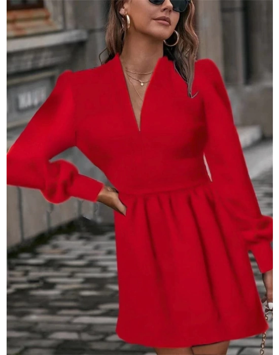 Kadın Uzun Kollu V Yaka Belden Hafif Pileli Scuba Krep Mini Boy Elbise