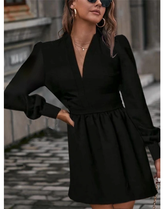 Kadın Uzun Kollu V Yaka Belden Hafif Pileli Scuba Krep Mini Boy Elbise