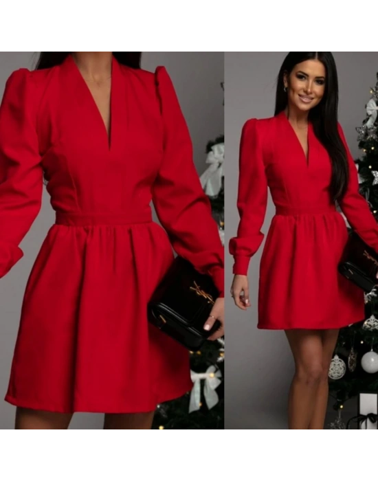 Kadın Uzun Kollu V Yaka Belden Hafif Pileli Scuba Krep Mini Boy Elbise