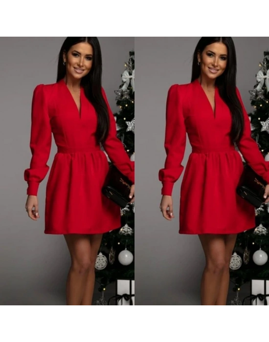 Kadın Uzun Kollu V Yaka Belden Hafif Pileli Scuba Krep Mini Boy Elbise