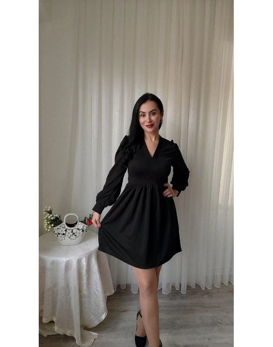 Kadın Uzun Kollu V Yaka Belden Hafif Pileli Scuba Krep Mini Boy Elbise