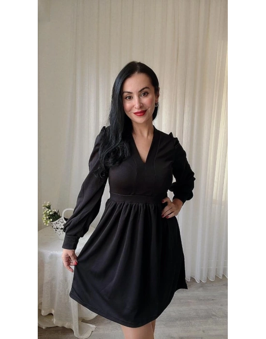 Kadın Uzun Kollu V Yaka Belden Hafif Pileli Scuba Krep Mini Boy Elbise