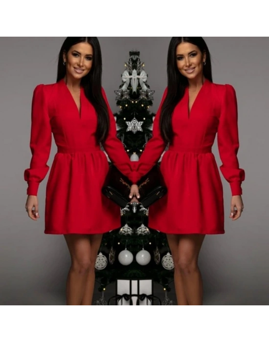 Kadın Uzun Kollu V Yaka Belden Hafif Pileli Scuba Krep Mini Boy Elbise