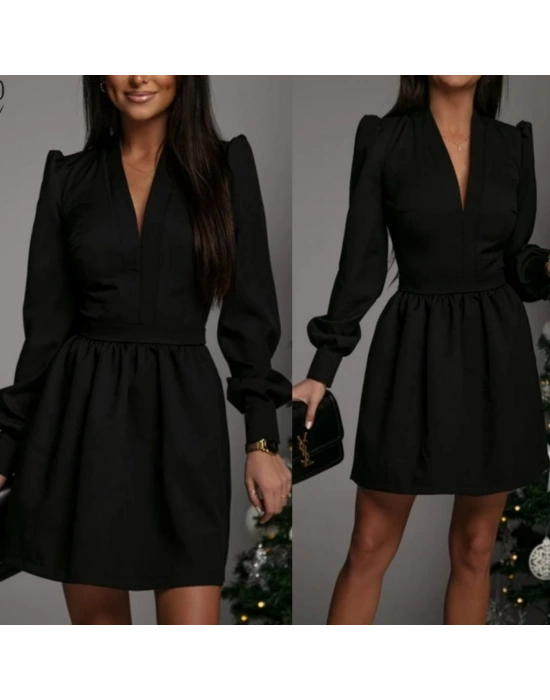 Kadın Uzun Kollu V Yaka Belden Hafif Pileli Scuba Krep Mini Boy Elbise