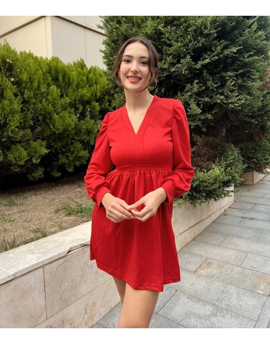 Kadın Uzun Kollu V Yaka Belden Hafif Pileli Scuba Krep Mini Boy Elbise