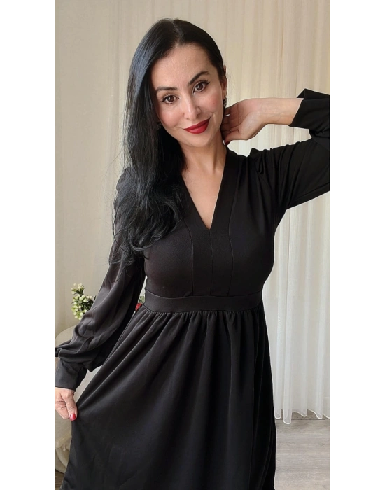 Kadın Uzun Kollu V Yaka Belden Hafif Pileli Scuba Krep Mini Boy Elbise