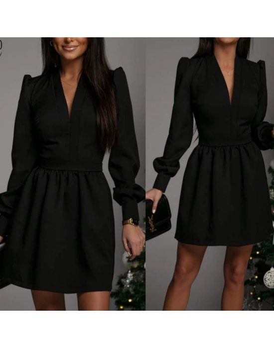 Kadın Uzun Kollu V Yaka Belden Hafif Pileli Scuba Krep Mini Boy Elbise