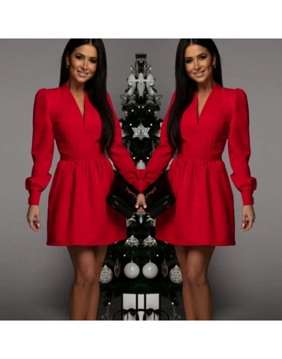 Kadın Uzun Kollu V Yaka Belden Hafif Pileli Scuba Krep Mini Boy Elbise