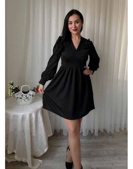 Kadın Uzun Kollu V Yaka Belden Hafif Pileli Scuba Krep Mini Boy Elbise