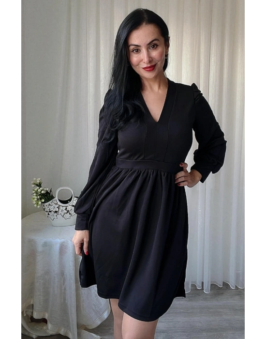 Kadın Uzun Kollu V Yaka Belden Hafif Pileli Scuba Krep Mini Boy Elbise