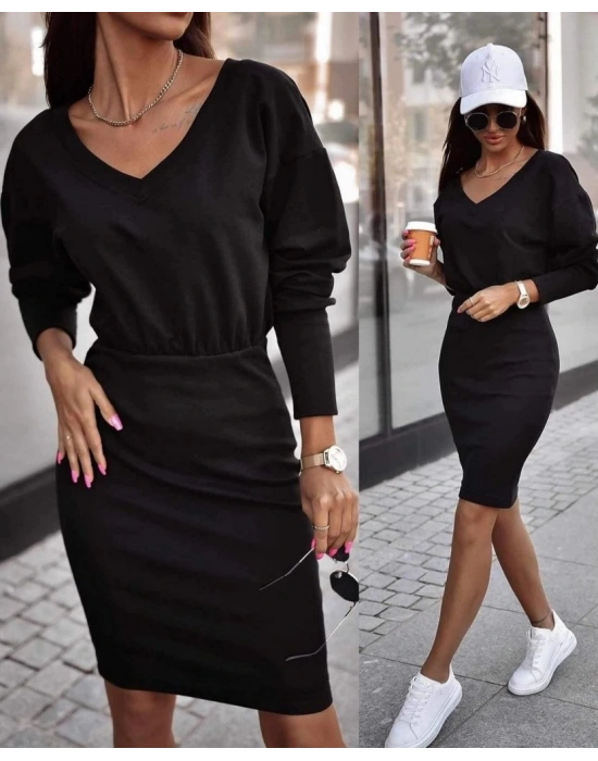 Kadın Uzun Kollu V Yaka Beli Lastikli Kolu Manşetli Iki Iplik Elbise