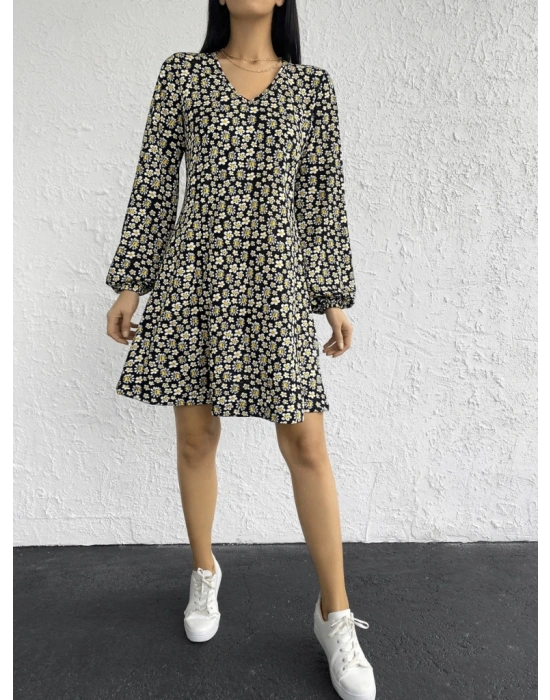 Kadın Uzun Kollu V Yaka çiçek Desenli Helen Kumaş Elbise